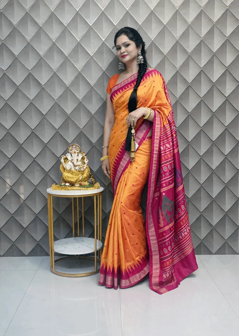 Dolabedi Kanak Kiran Sambalpuri Silk Saree with Ikat Motifs & Contrast Pallu