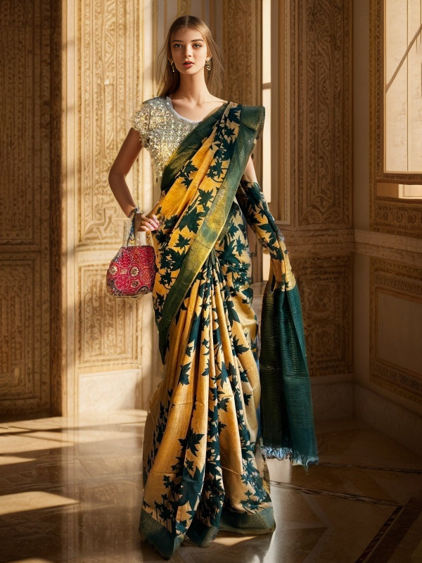 TASSAR GHICHA GREEN PRINTED SAREE