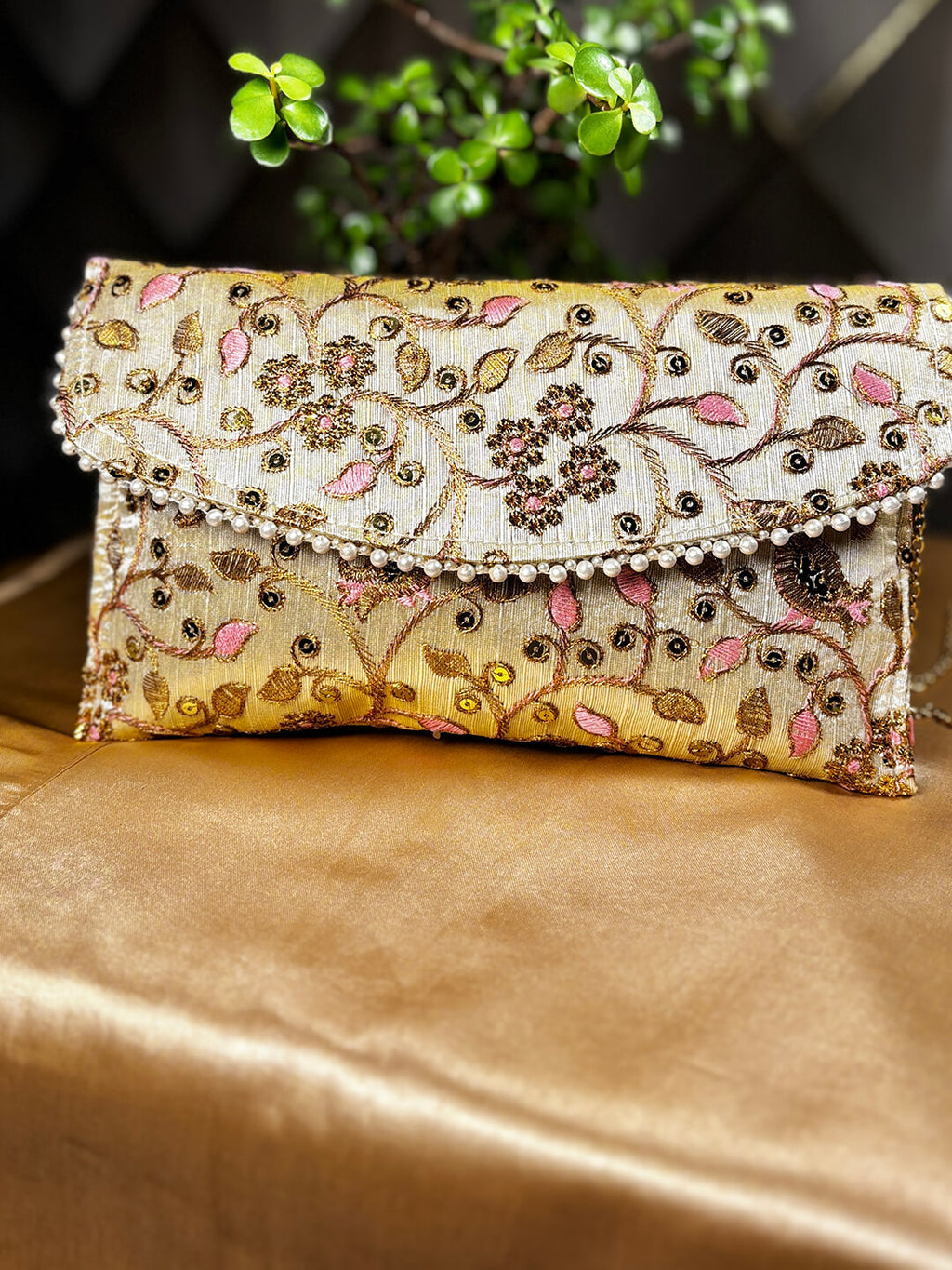 GOLDEN & LIGHT PINK EMBROIDERED CLUTCH