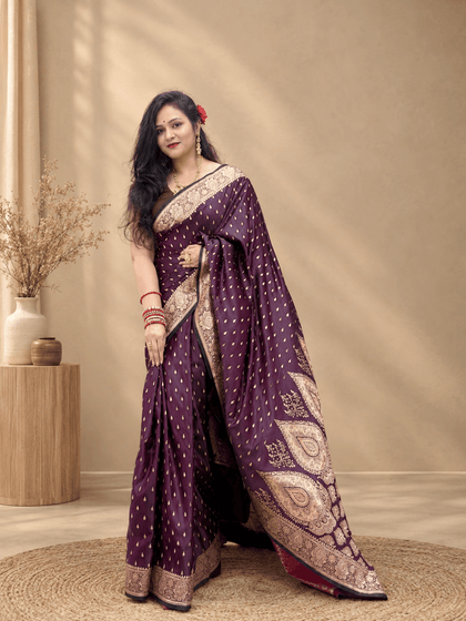 Mrinalini-Deep plum Katan Silk Banarasi Saree