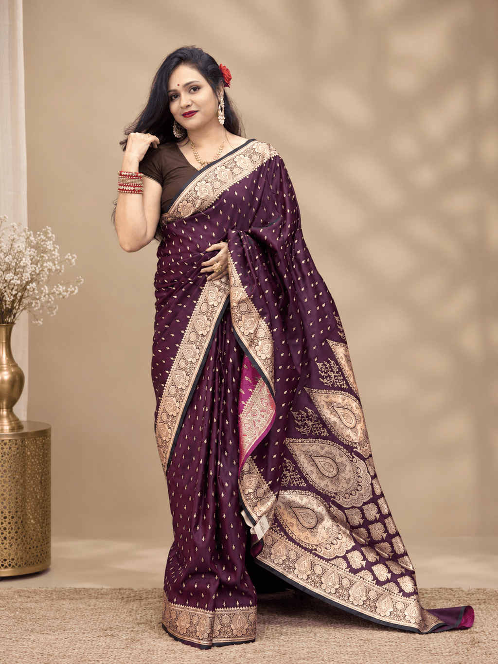 Mrinalini-Deep plum Katan Silk Banarasi Saree