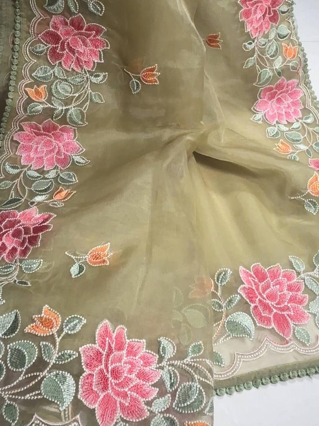 OLIVE GREEN EMBROIDERED FANCY SAREE