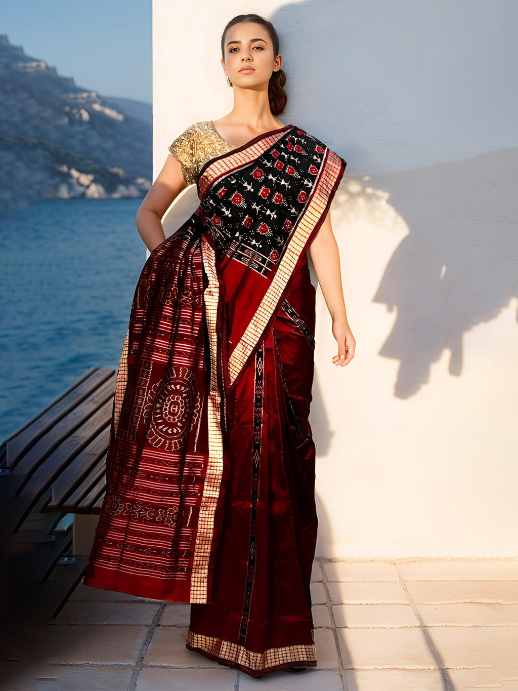 BLACK AND MAROON SAMBALPURI PATLI DESIGN SILK SAREE