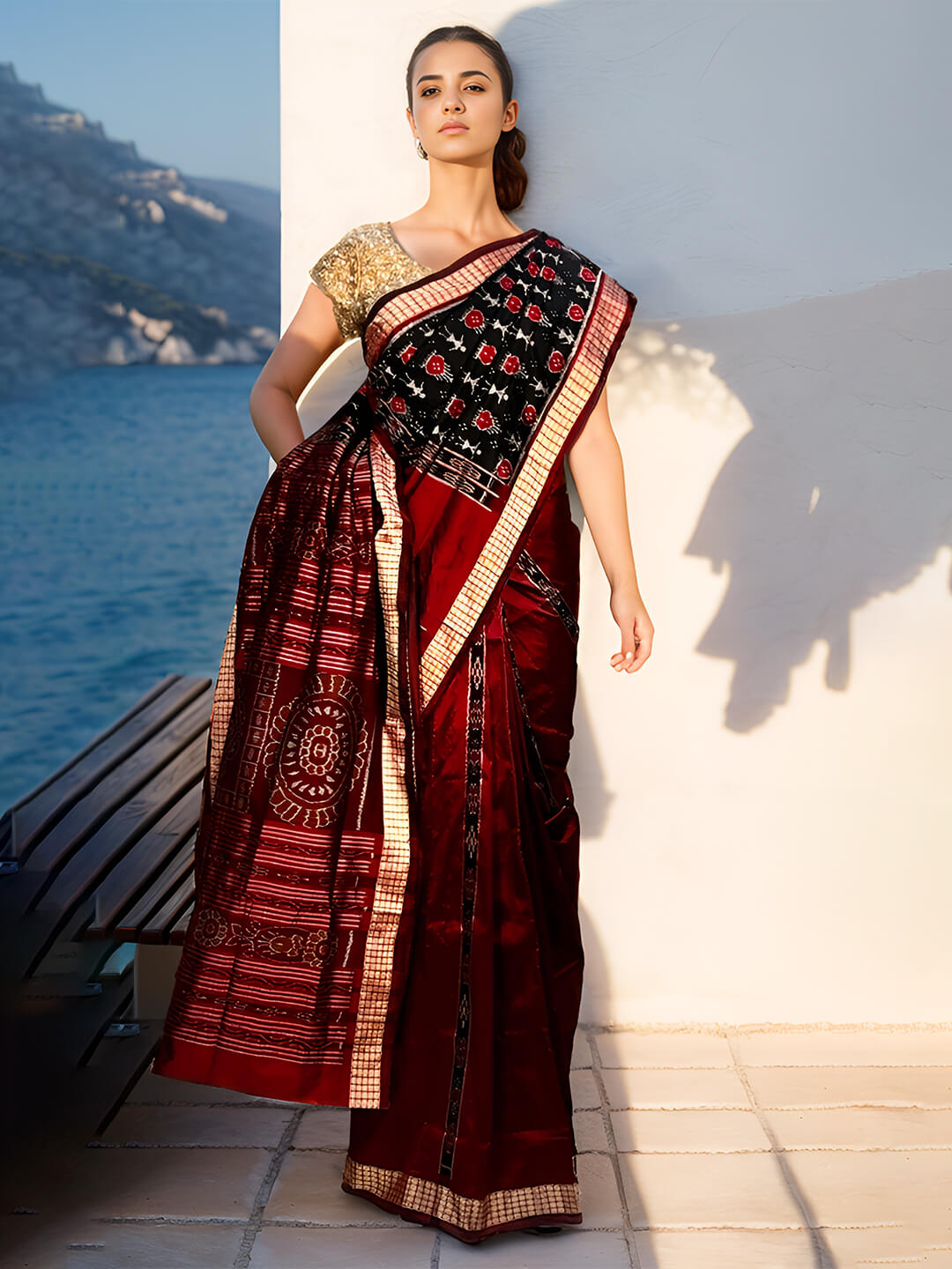 BLACK AND MAROON SAMBALPURI PATLI DESIGN SILK SAREE