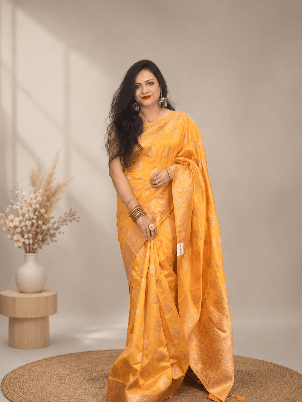 Yellow Banarasi Silk Saree with Zari Buttas & Woven Zari Pallu
