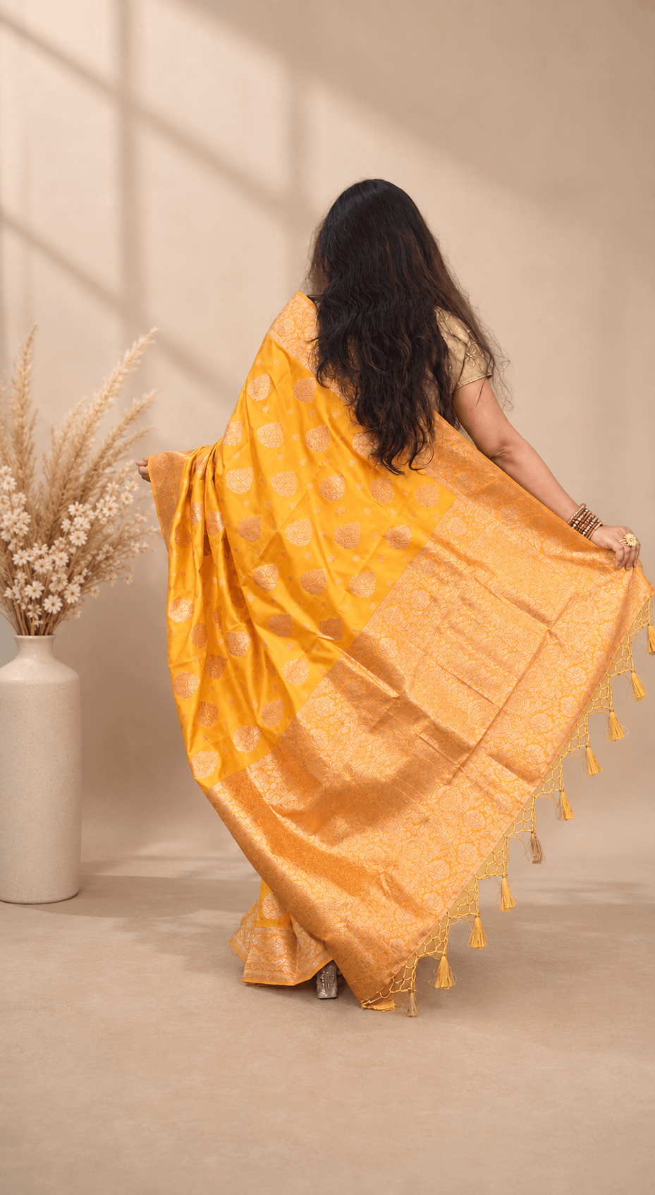 Yellow Banarasi Silk Saree with Zari Buttas & Woven Zari Pallu