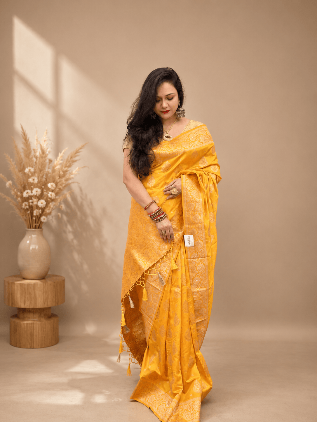 Yellow Banarasi Silk Saree with Zari Buttas & Woven Zari Pallu