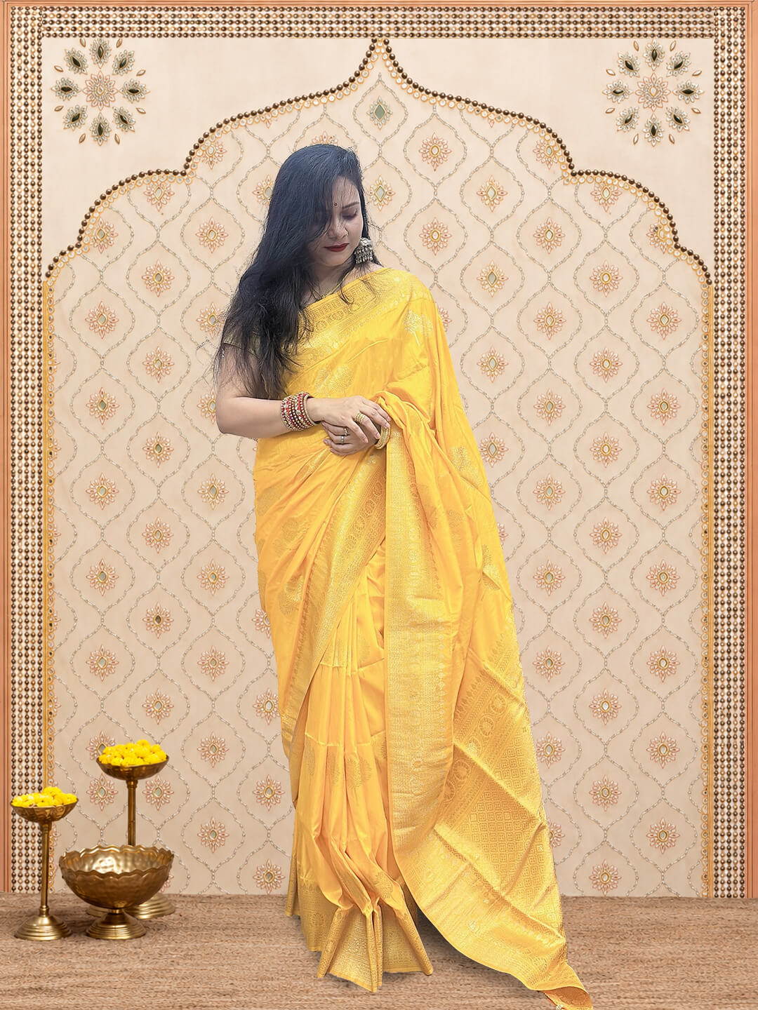 Yellow Dola silk saree with zaree deatailing