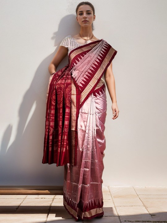 ONION PINK AND MAROON SAMBALPURI SILK SAREE