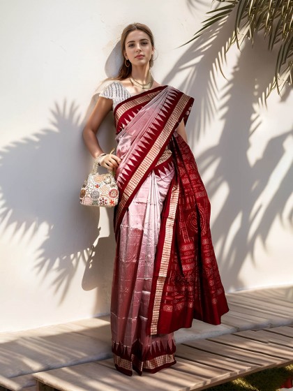 ONION PINK AND MAROON SAMBALPURI SILK SAREE