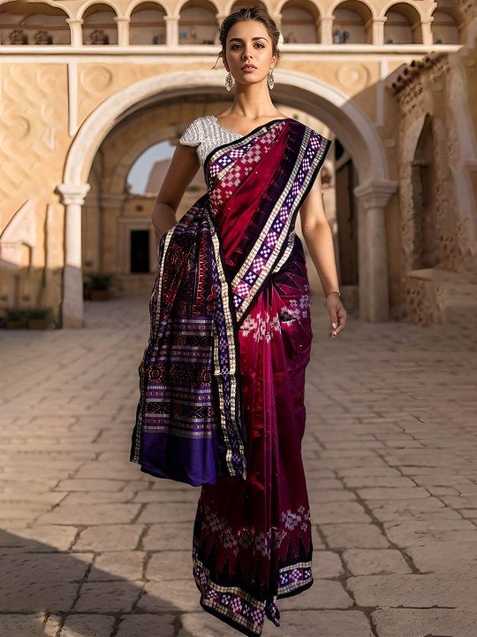 DARK PINK AND ELECTRIC BLUE PASAPALI SAMBALPURI  PATA SAREE