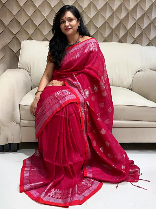 MAGENTA PINK AND SILVER LINEN SAREE