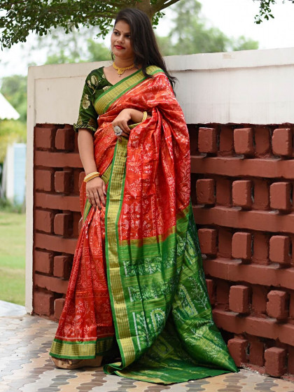 REDDISH ORANGE PURE TISSUE SAMBALPURI PATA SAREE