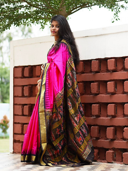 MAGENTA PINK AND BLACK TISSUE SAMBALPURI PATA SAREE