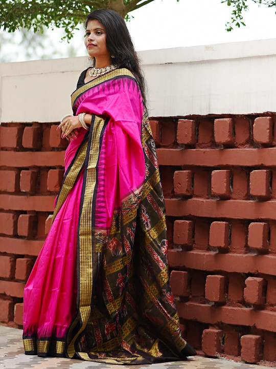 MAGENTA PINK AND BLACK TISSUE SAMBALPURI PATA SAREE