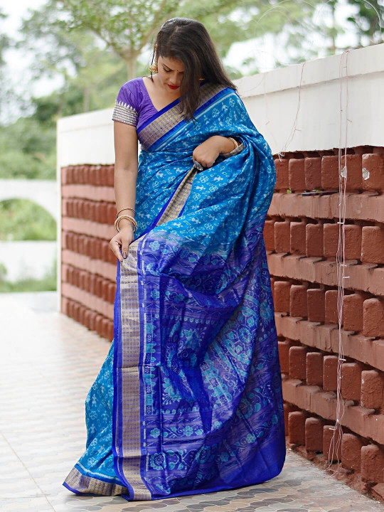 BLUEBERRY BLUE PURE SILK AND TISSUE SAMBALPURI PATA SAREE