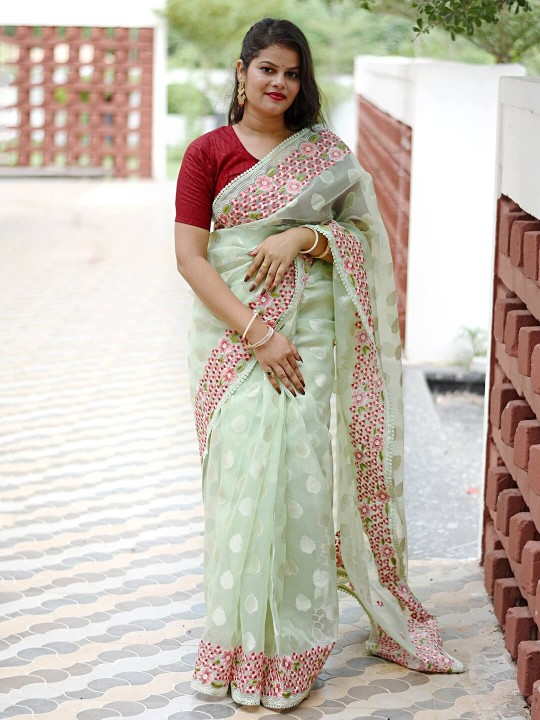 LIGHT GREEN EMBROIDERED FANCY SAREE