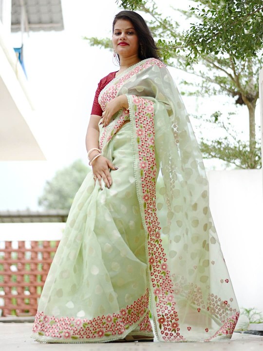 LIGHT GREEN EMBROIDERED FANCY SAREE