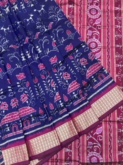 INDIGO BLUE AND PINK SAMBALPURI PATA SAREE