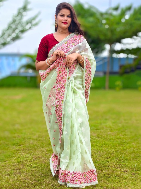 LIGHT GREEN EMBROIDERED FANCY SAREE