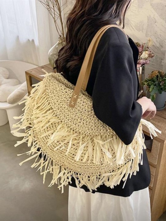 WHITE STRAW CROCHET PATTERN HAND BAG