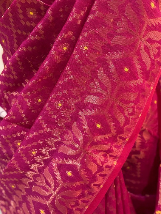 RUPSHRI DARK PINK BLUE COTTON JAMDANI SAREE