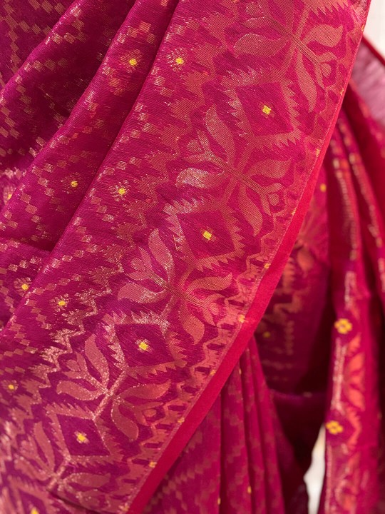 RUPSHRI DARK PINK BLUE COTTON JAMDANI SAREE