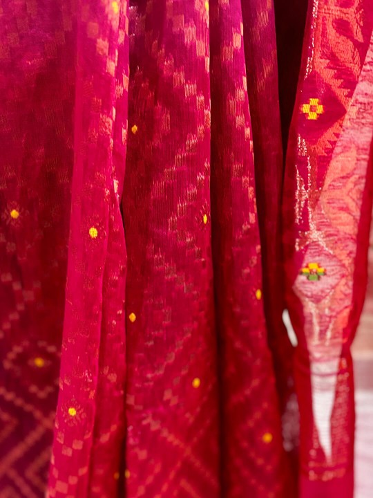 RUPSHRI DARK PINK BLUE COTTON JAMDANI SAREE