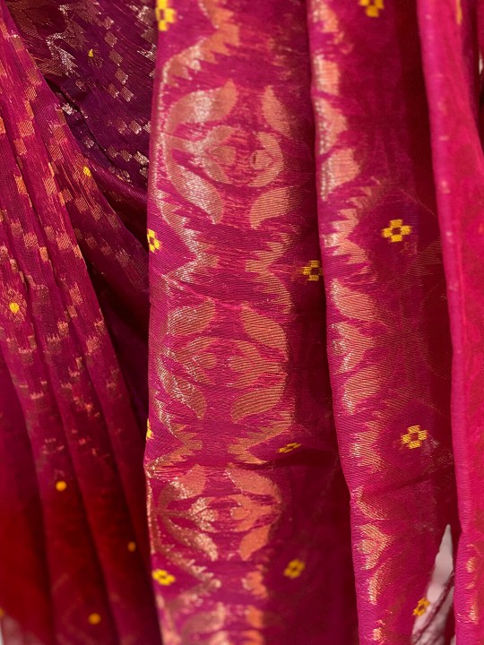 RUPSHRI DARK PINK BLUE COTTON JAMDANI SAREE