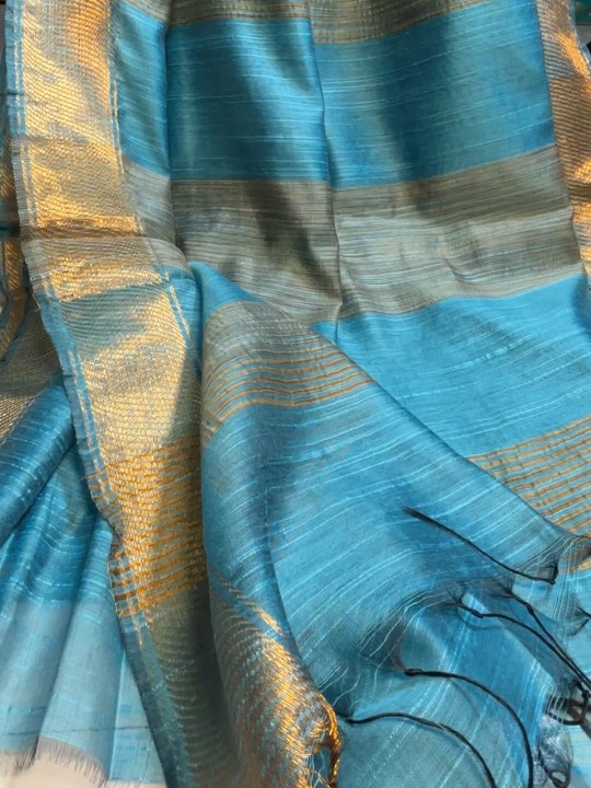 LIGHT BLUE WITH GOLDEN BUTA LINEN SAREE