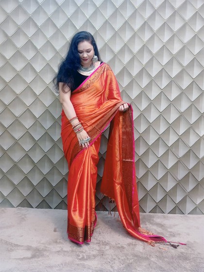 METALLIC BRICK RED WITH GOLDEN BORDER TISSUE SAREE