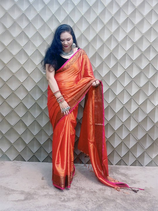 METALLIC BRICK RED WITH GOLDEN BORDER TISSUE SAREE