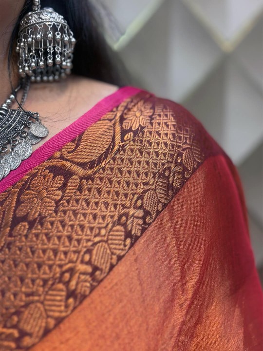 METALLIC BRICK RED WITH GOLDEN BORDER TISSUE SAREE