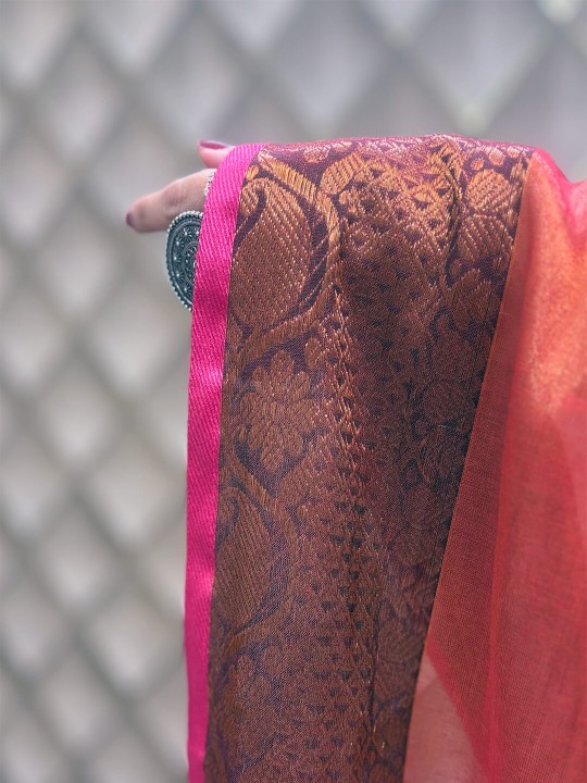 METALLIC BRICK RED WITH GOLDEN BORDER TISSUE SAREE