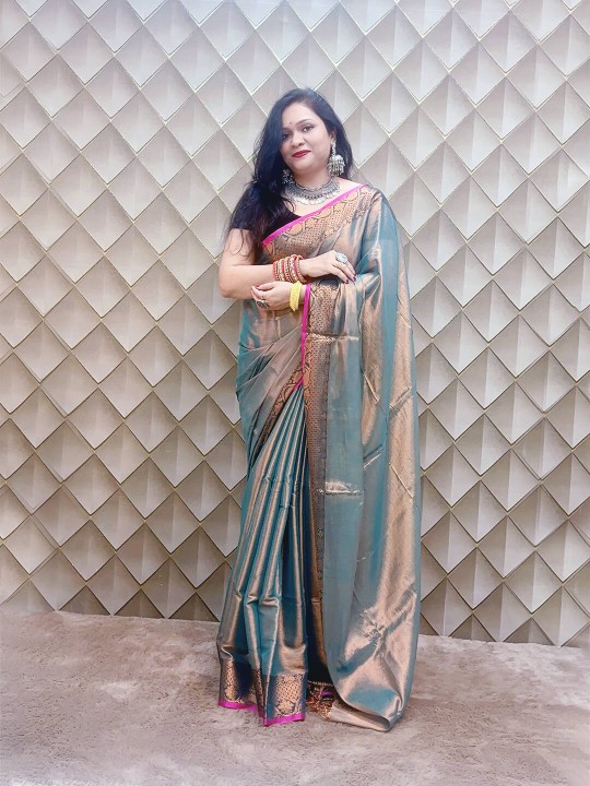 METALLIC SHEEN GREEN WITH GOLDEN BORDER TISSUE SAREE