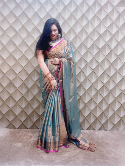 METALLIC SHEEN GREEN WITH GOLDEN BORDER TISSUE SAREE
