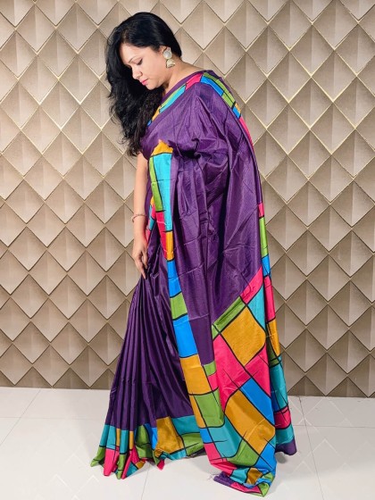 DARK PURPLE PRINTED ART SILK SAREE