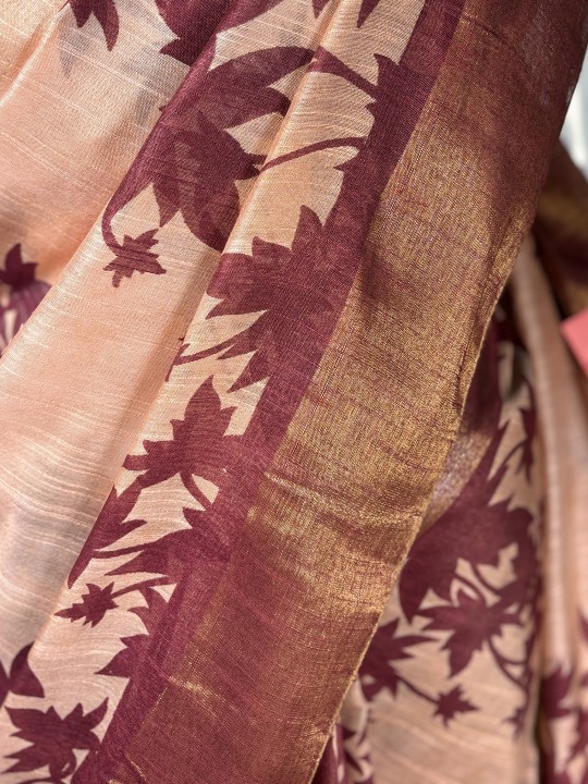 TUSSAR GHICHA BEIGE AND MAROON PRINTED SAREE