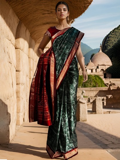 HANDWOVEN GREEN AND RED SAMBALPURI PATA SAREE