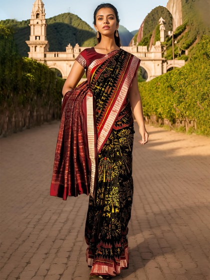 HANDWOVEN BLACK AND GOLDEN SAMBALPURI PATA SAREE