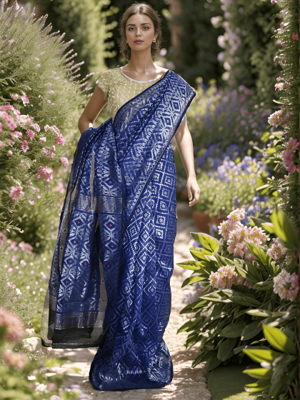 RUPSHRI DARK BLUE COTTON JAMDANI SAREE