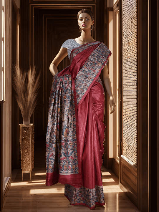 RED TASSAR HANDPAINTED MADHUBANI SILK SAREE