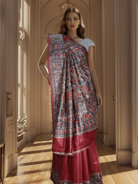 RED TASSAR HANDPAINTED MADHUBANI SILK SAREE