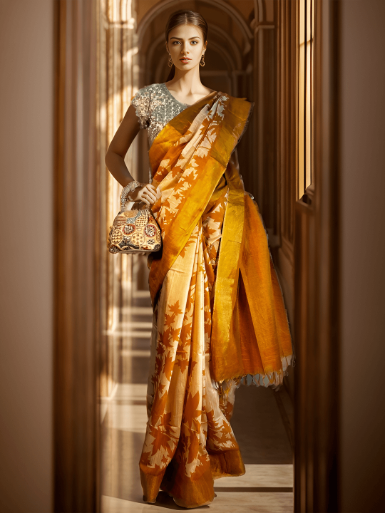  TASSAR GHICHA YELLOW PRINTED SAREE