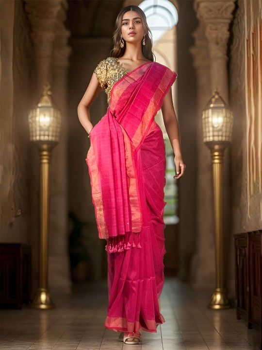 KHADI COTTON ROSE PINK SAREE