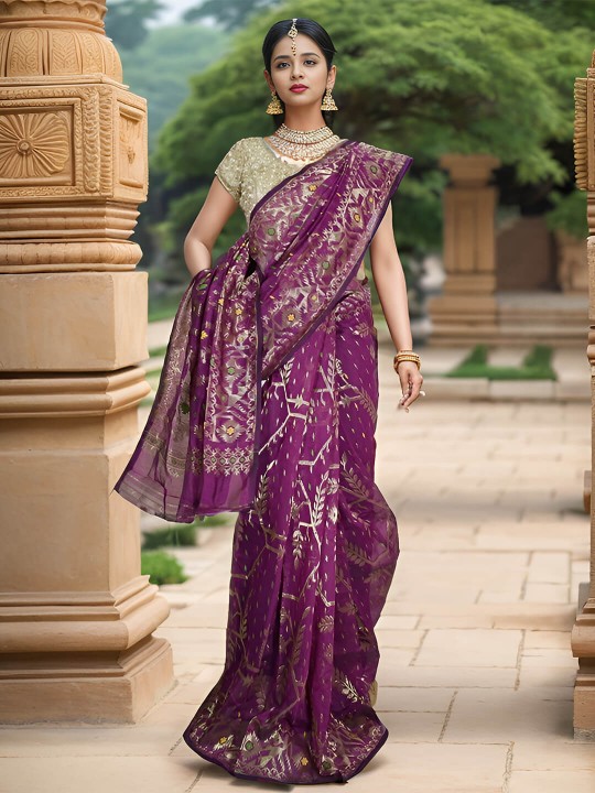 RUPSHRI PURPLE COTTON JAMDANI SAREE