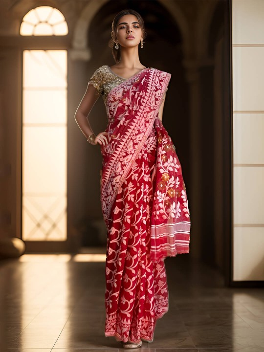 RUPSHRI BLUSH PINK COTTON JAMDANI SAREE