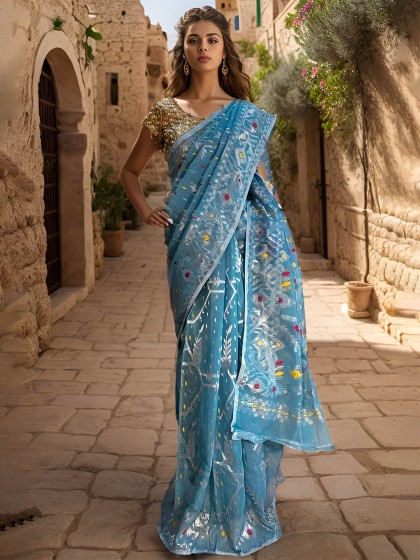 RUPSHRI LIGHT BLUE JAMDANI SAREE