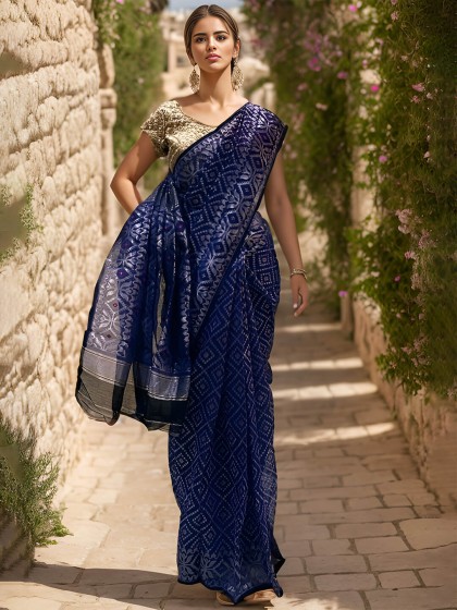 RUPSHRI  BLUE COTTON JAMDANI SAREE