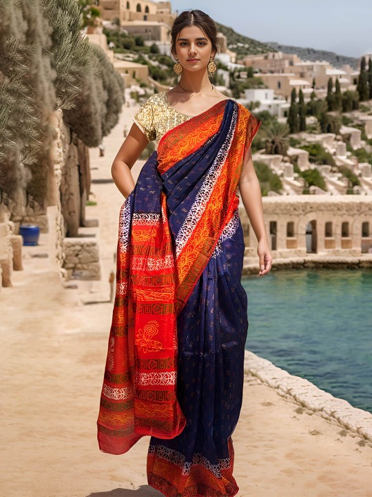 DARK BLUE AND ORANGE ART SILK SAREE